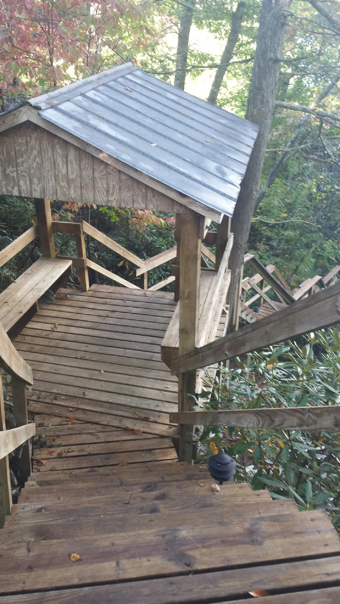 Metal roofed shelter over wooden steps on a wooded walkway — Skylight Repair & Installation work by our crew in Wawaka